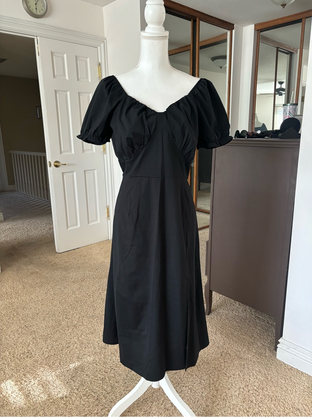 Classic Black Puff-Sleeve Midi Dress